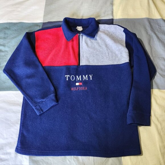 Tommy Hilfiger Fleece Sweater 1/4 Zip Colorblock Blue Red Grey Pullover - Picture 3 of 10